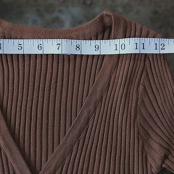 Pecan brown fitted rib knit v-neck long sleeve cardigan XXS - Picture 11 of 14